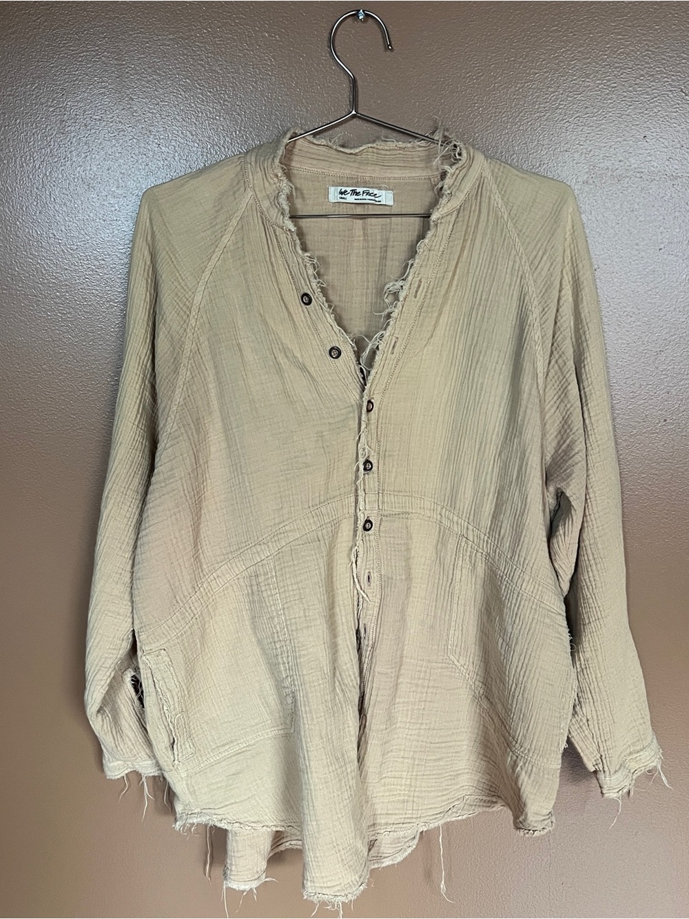 We The Free Frayed Gauze Button-Front Tunic in Light Tan - Picture 3 of 5